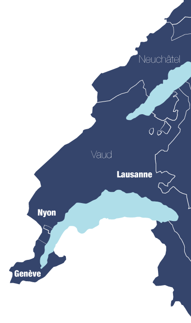 Carte du lac Léman montrant les fiduciaires à Nyon Genève et Lausanne