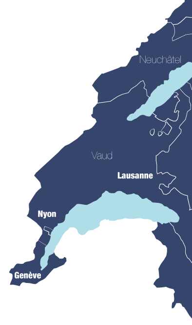 Carte du lac Léman montrant les fiduciaires à Nyon Genève et Lausanne 