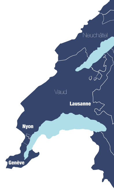 Carte du lac Léman montrant les fiduciaires à Nyon Genève et Lausanne 
