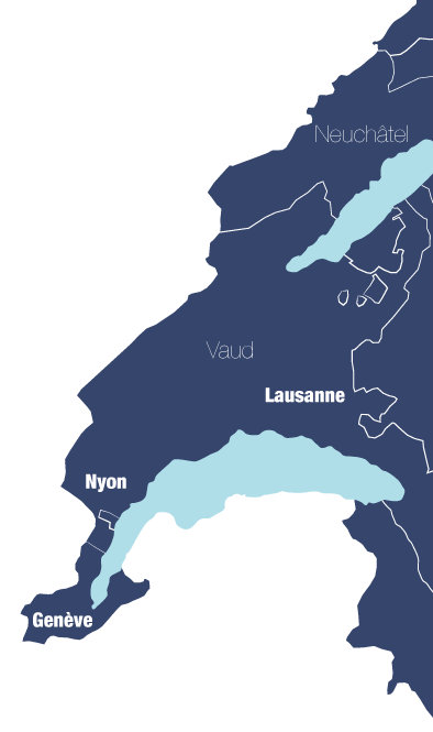 Carte du lac Léman montrant les fiduciaires à Nyon Genève et Lausanne
